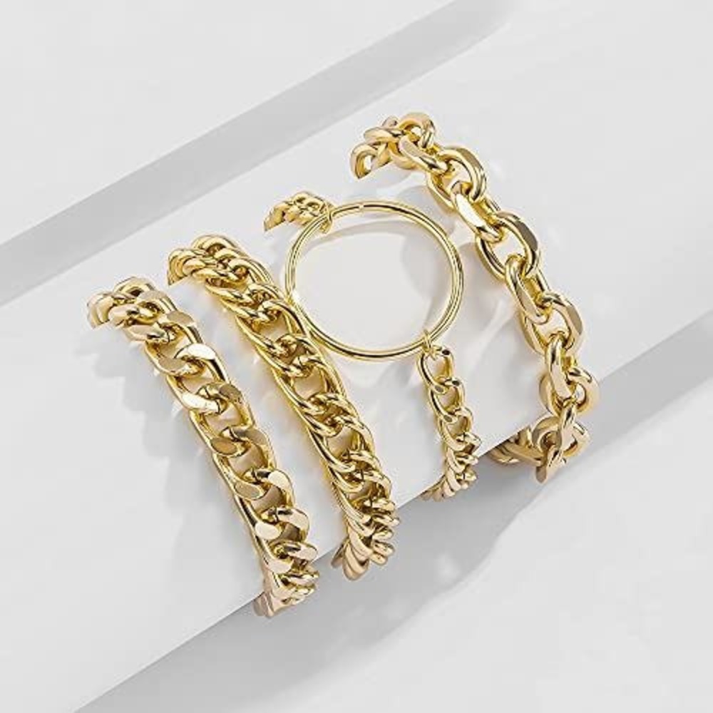 Gold Chunky Chain Bracelet Set 4 Piece Layered Curb Link Statement Jewelry - Picture 2 of 3